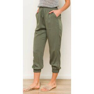 NEW So Ladies' High Rise Paperbag Joggers 100% Lyocell Olive Green XS